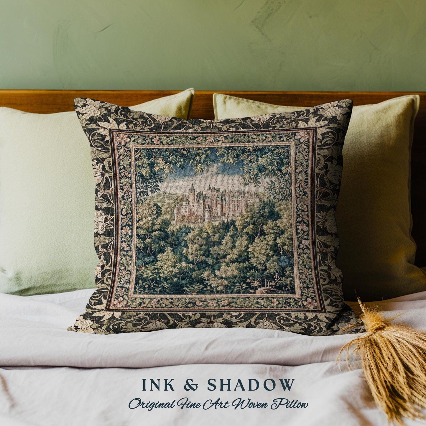 Ethereal Fairytale Fantasy Castle Pillow | Dark Academia Woodland Fairy Folklore Princess Aesthetic Magical Landscape Forestcore Romantic