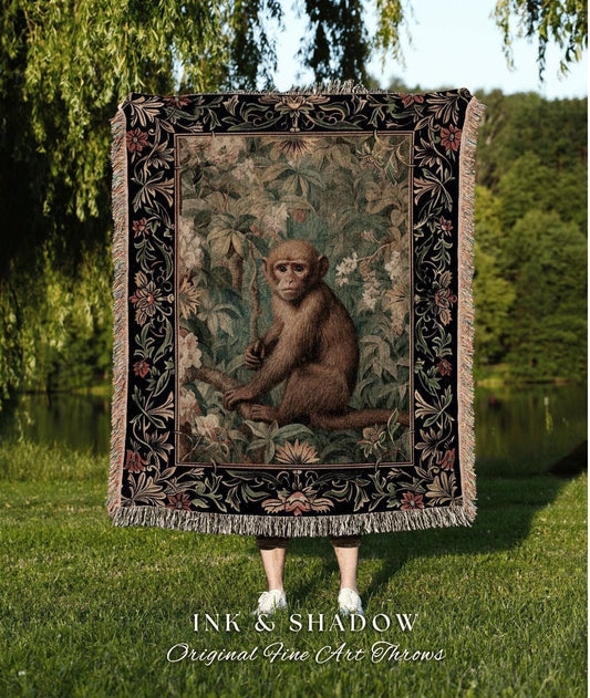 Pastel Botanical Monkey Blanket Woven | Woodland Gothic Room Decor Monkey Cottagecore Antique Aesthetic Dark Fairycore Bedroom Tapestry |