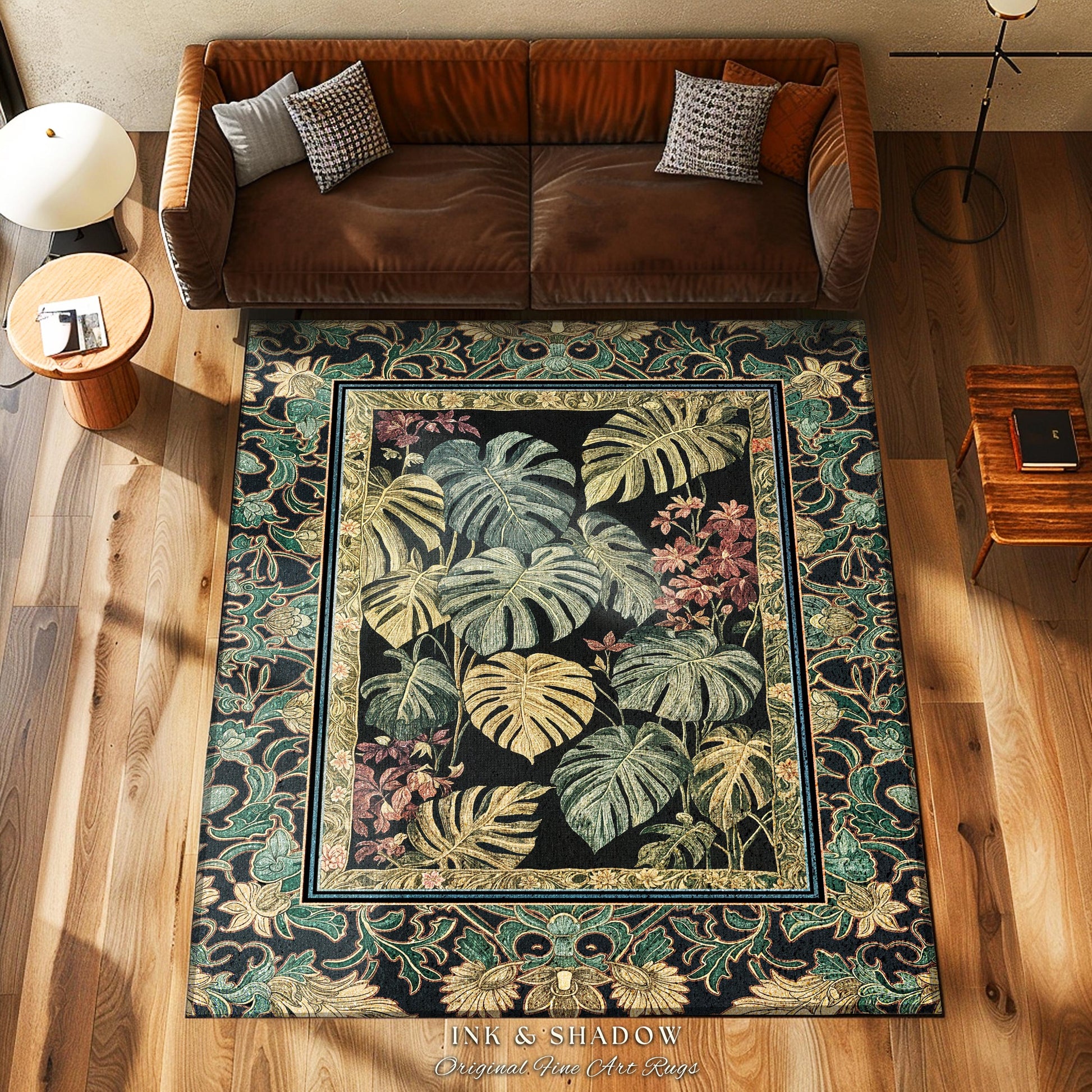 Monstera Forest Maximalist Botanical Rug | Dark Cottagecore Woodland Houseplant Home Decor Rug Whimsigothic Home Decor Dark Academia Accent