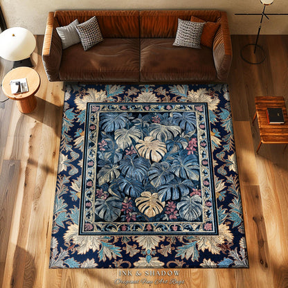 Monstera Magic Moody Accent Rug | Dark Victorian Floral Eclectic Unique Houseplant Decor Area Rug Whimsical Gothic Aesthetic Home Decor