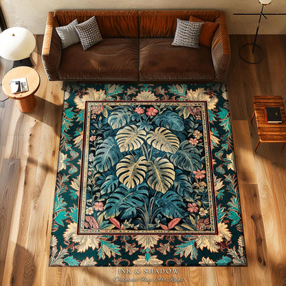 Romantic Tropigoth Bedroom Rug | Woodland Victorian Floral Houseplant Decor Whimsical Gothic Aesthetic Monstera Deliciosa Plant Lover Rug |