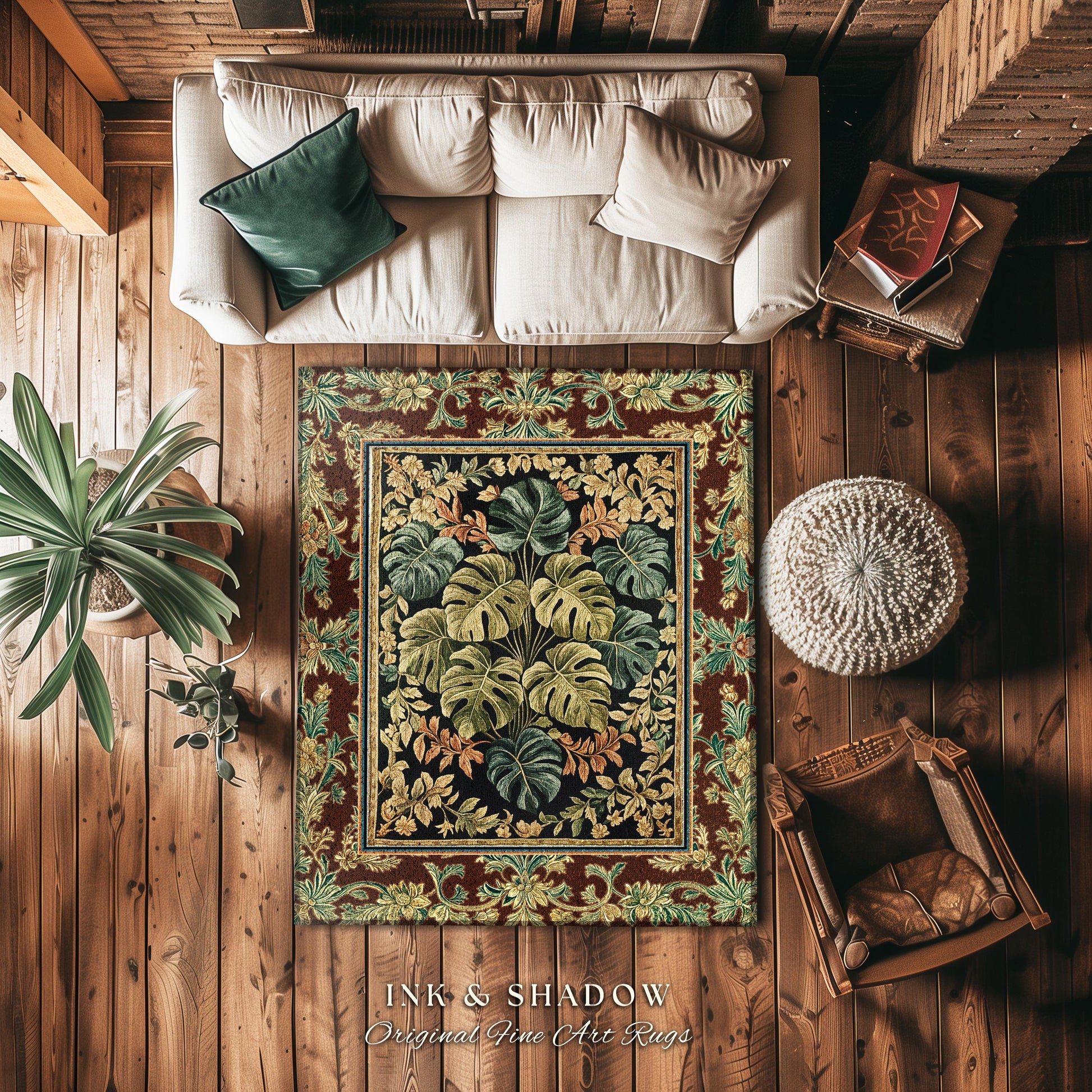 Elegant Tropical Forest Floor Rug | Woodland Whimsy Botanical Accent Rug Emerald Green Romantic Home Decor Tropical Eclectic Aesthetic |