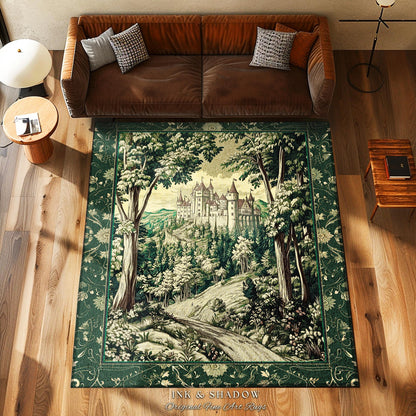 Medieval Castle Woodland Forest Round Rug | Forestcore Dark Academia Fairytale Inspired Fairycore Aesthetic Accent Rug Magical Emerald Decor