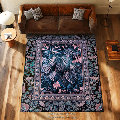 Misty Purple Tropical Jungle Rug | Houseplant Leaf Area Rug Witchy Ethereal Aesthetic Monstera Deliciosa Dark Forestcore Gothic Bedroom |