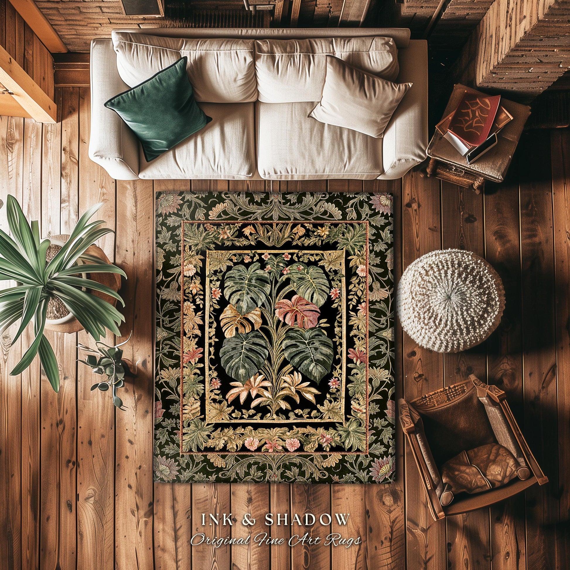 Plant Lover Home Decor Botanical Rug | Victorian Goth Romantic Renaissance Cottagecore Woodland Home Accent Rug Maximalist Bedroom Eclectic