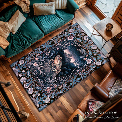 Witchy Toad Rug for Moody Bedroom | Dark Victorian Floral Frog Lover Accent Rug Eclectic Living Room Whimsical Cottagecore Magic Fairycore