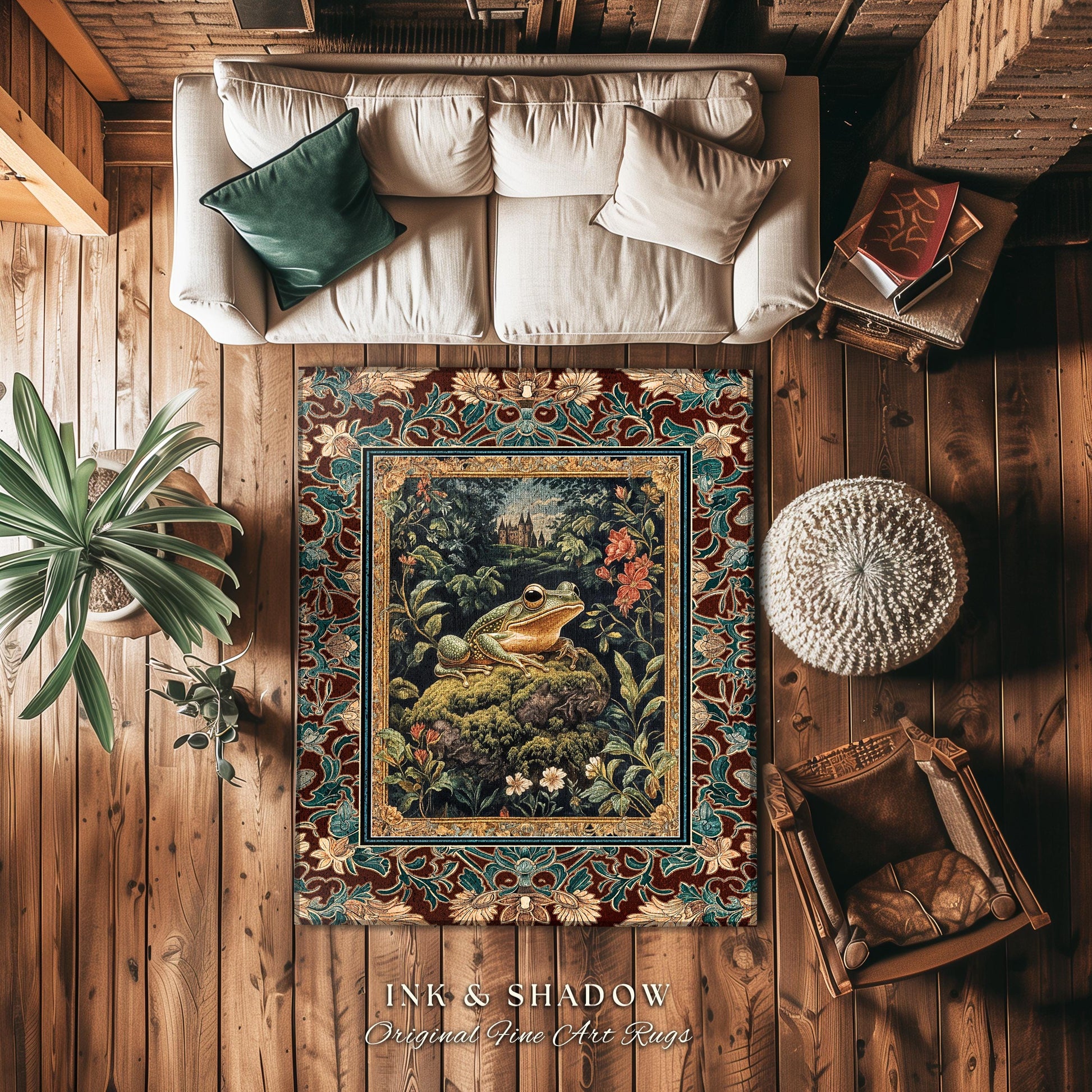 Storybook Aesthetic Frog Accent Rug | Bohemian Living Room Floral Ornate Dark Victorian Cottagecore Toad Area Rug Whimsical Eclectic Home |