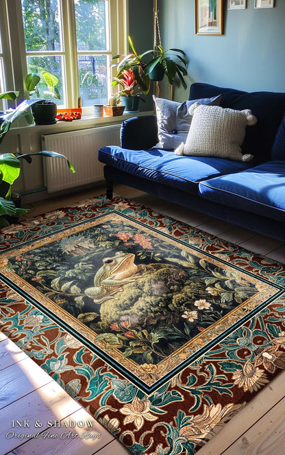 Storybook Aesthetic Frog Accent Rug | Bohemian Living Room Floral Ornate Dark Victorian Cottagecore Toad Area Rug Whimsical Eclectic Home |