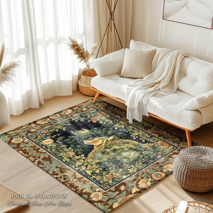 Castlecore Landscape Botanical Rug | Ethereal Fairytale Gothic Aesthetic Frog & Toad Accent Rug Cottagecore Living Room Floral Earthy Colors