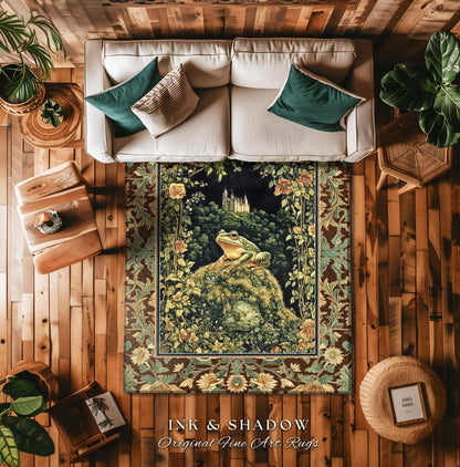 Castlecore Landscape Botanical Rug | Ethereal Fairytale Gothic Aesthetic Frog & Toad Accent Rug Cottagecore Living Room Floral Earthy Colors