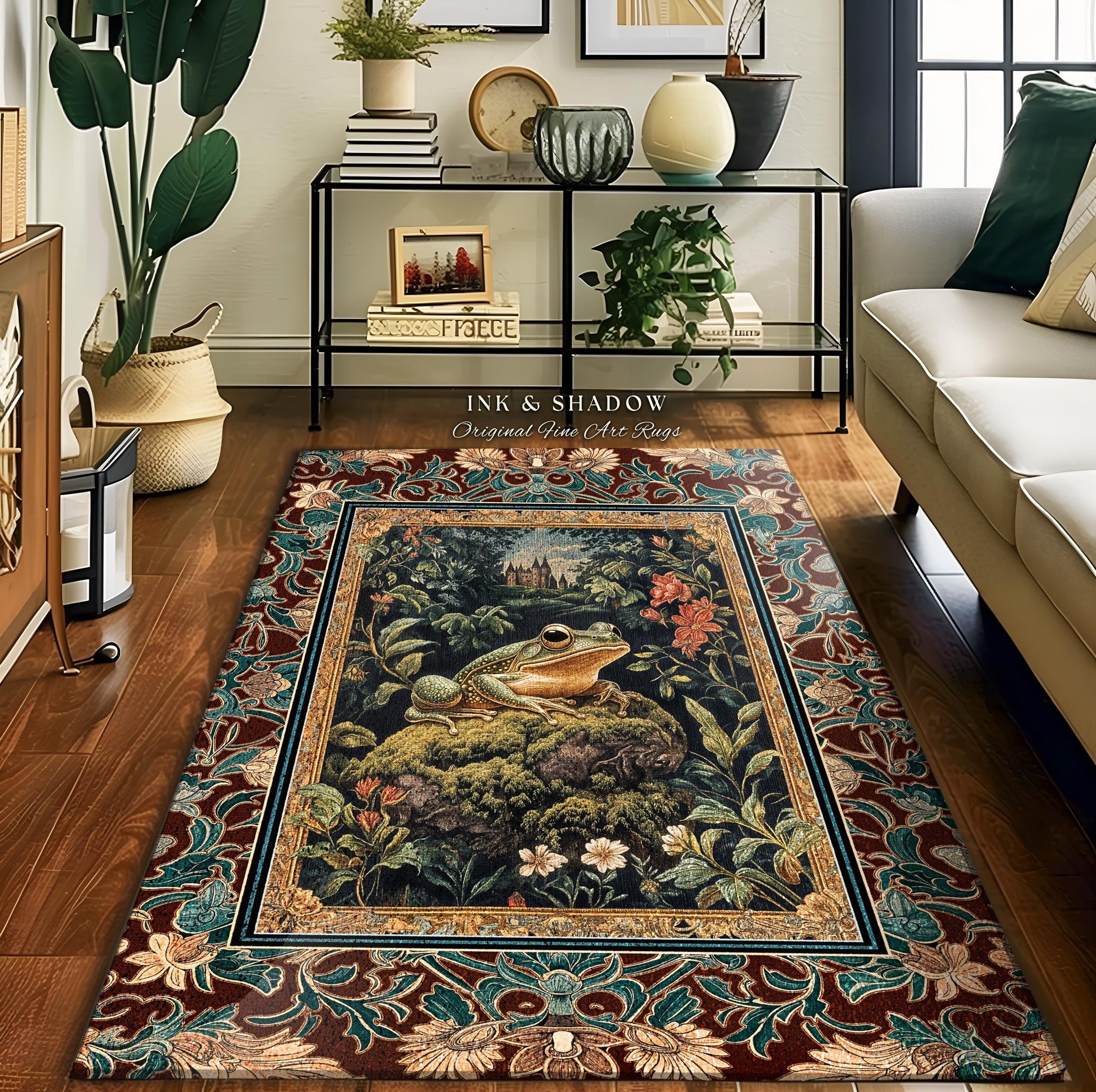 Storybook Aesthetic Frog Accent Rug | Bohemian Living Room Floral Ornate Dark Victorian Cottagecore Toad Area Rug Whimsical Eclectic Home |