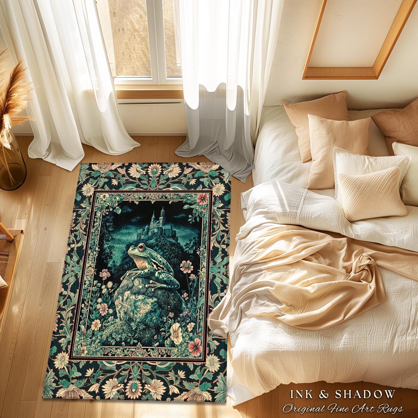 Book Nook Fairytale Floor Rug | Woodland Gothic Baroque Aesthetic Frog Accent Rug Cottagecore Reading Room Floral Border Ornate Goblincore