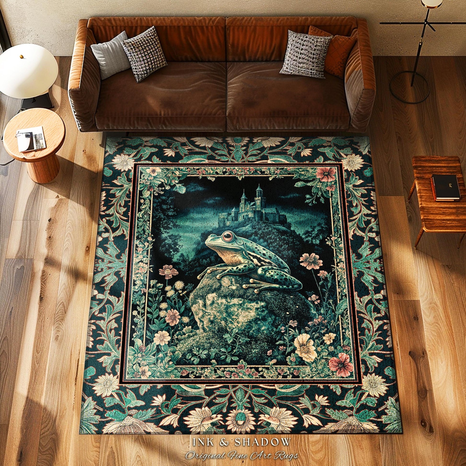 Book Nook Fairytale Floor Rug | Woodland Gothic Baroque Aesthetic Frog Accent Rug Cottagecore Reading Room Floral Border Ornate Goblincore