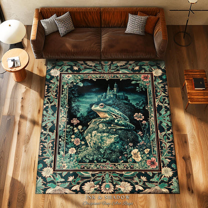 Book Nook Fairytale Floor Rug | Woodland Gothic Baroque Aesthetic Frog Accent Rug Cottagecore Reading Room Floral Border Ornate Goblincore