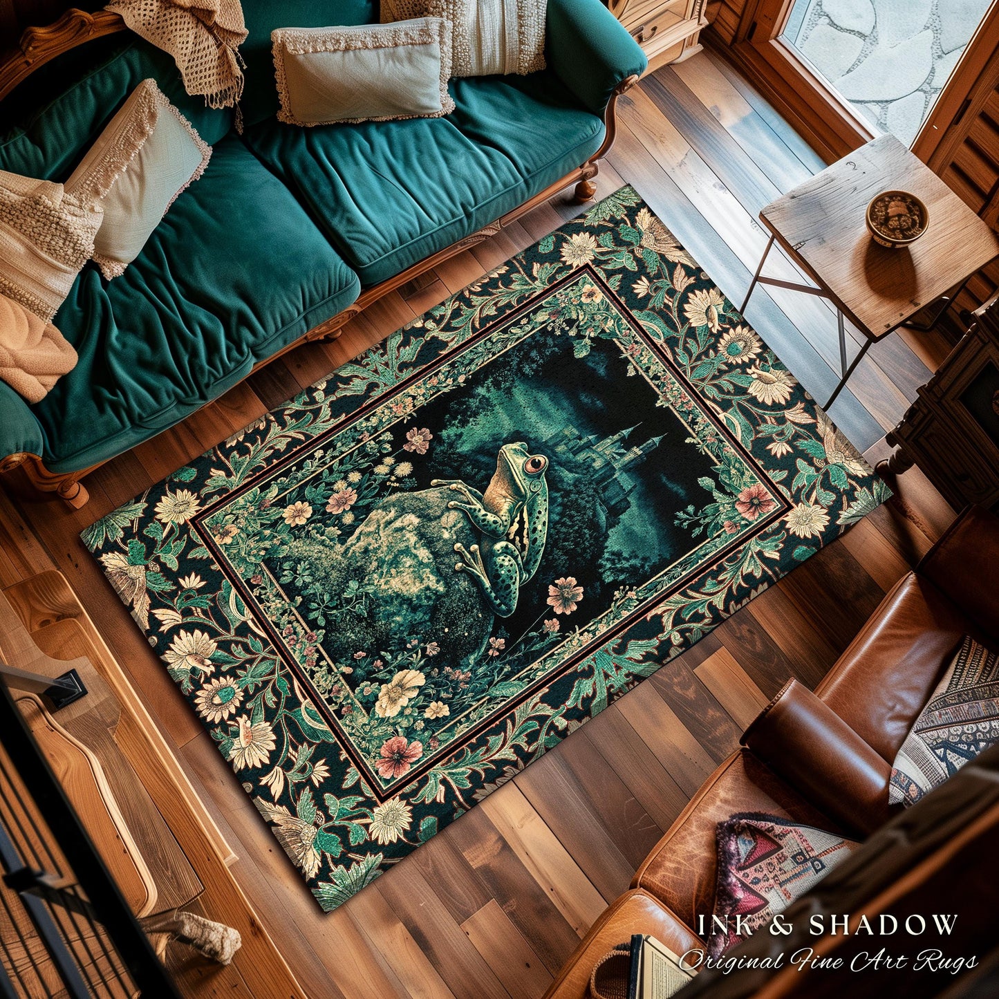 Book Nook Fairytale Floor Rug | Woodland Gothic Baroque Aesthetic Frog Accent Rug Cottagecore Reading Room Floral Border Ornate Goblincore