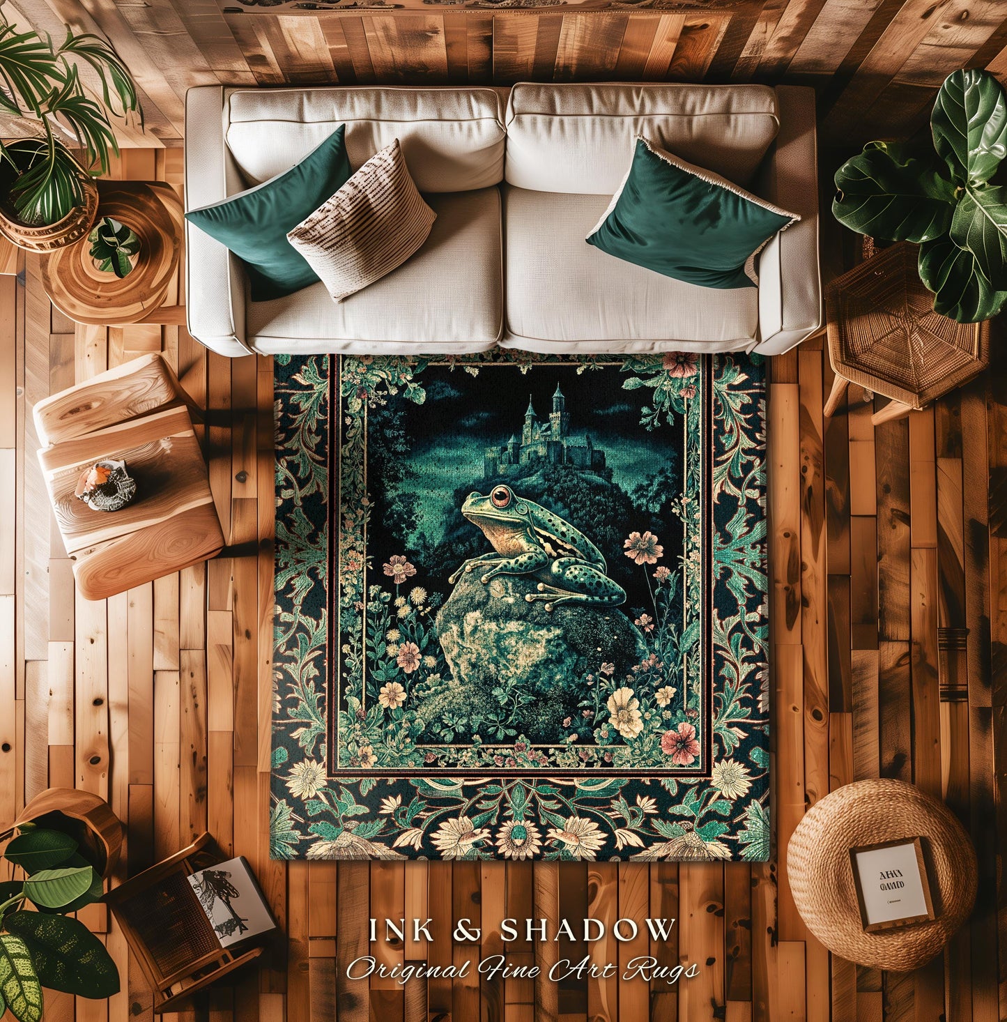 Book Nook Fairytale Floor Rug | Woodland Gothic Baroque Aesthetic Frog Accent Rug Cottagecore Reading Room Floral Border Ornate Goblincore