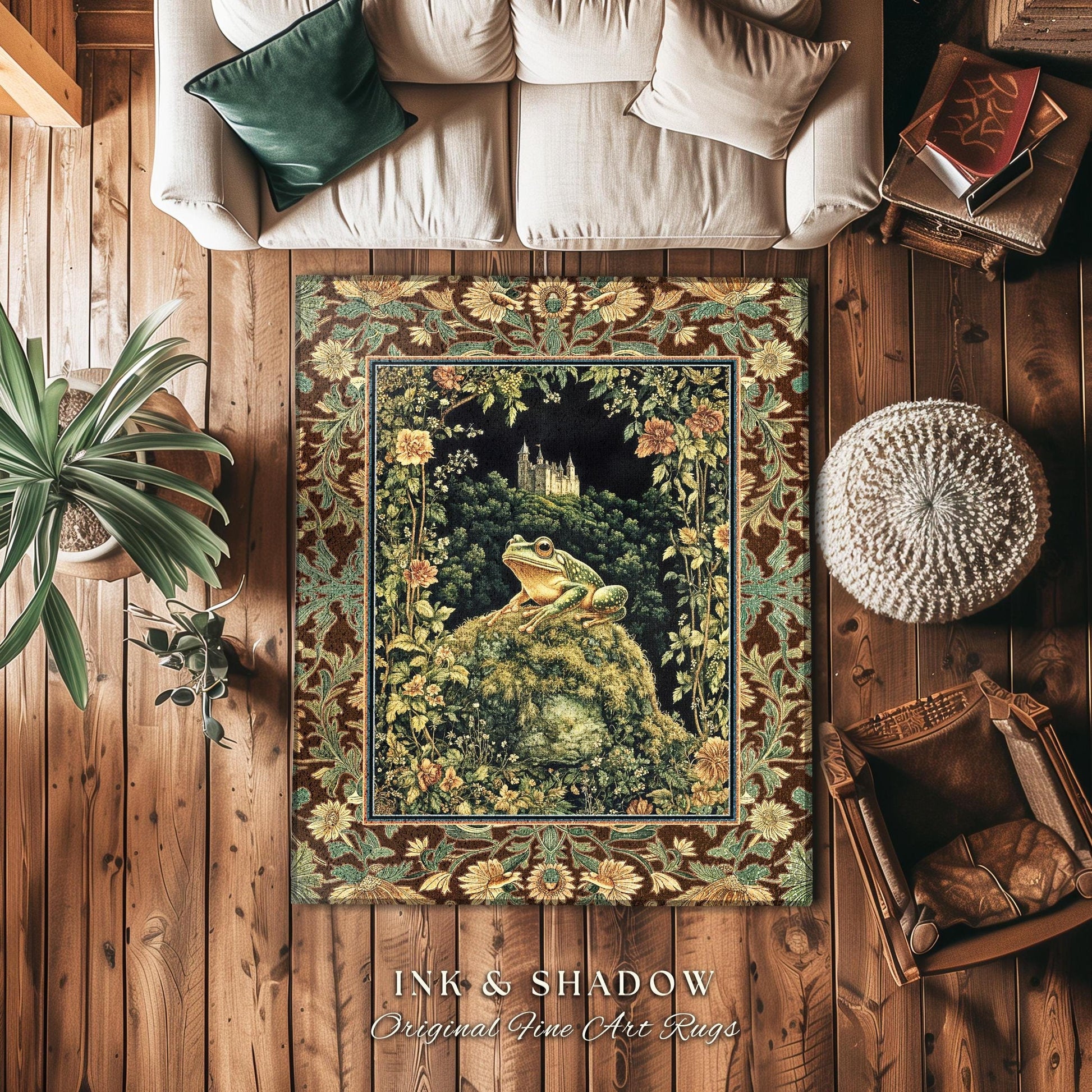 Castlecore Landscape Botanical Rug | Ethereal Fairytale Gothic Aesthetic Frog & Toad Accent Rug Cottagecore Living Room Floral Earthy Colors