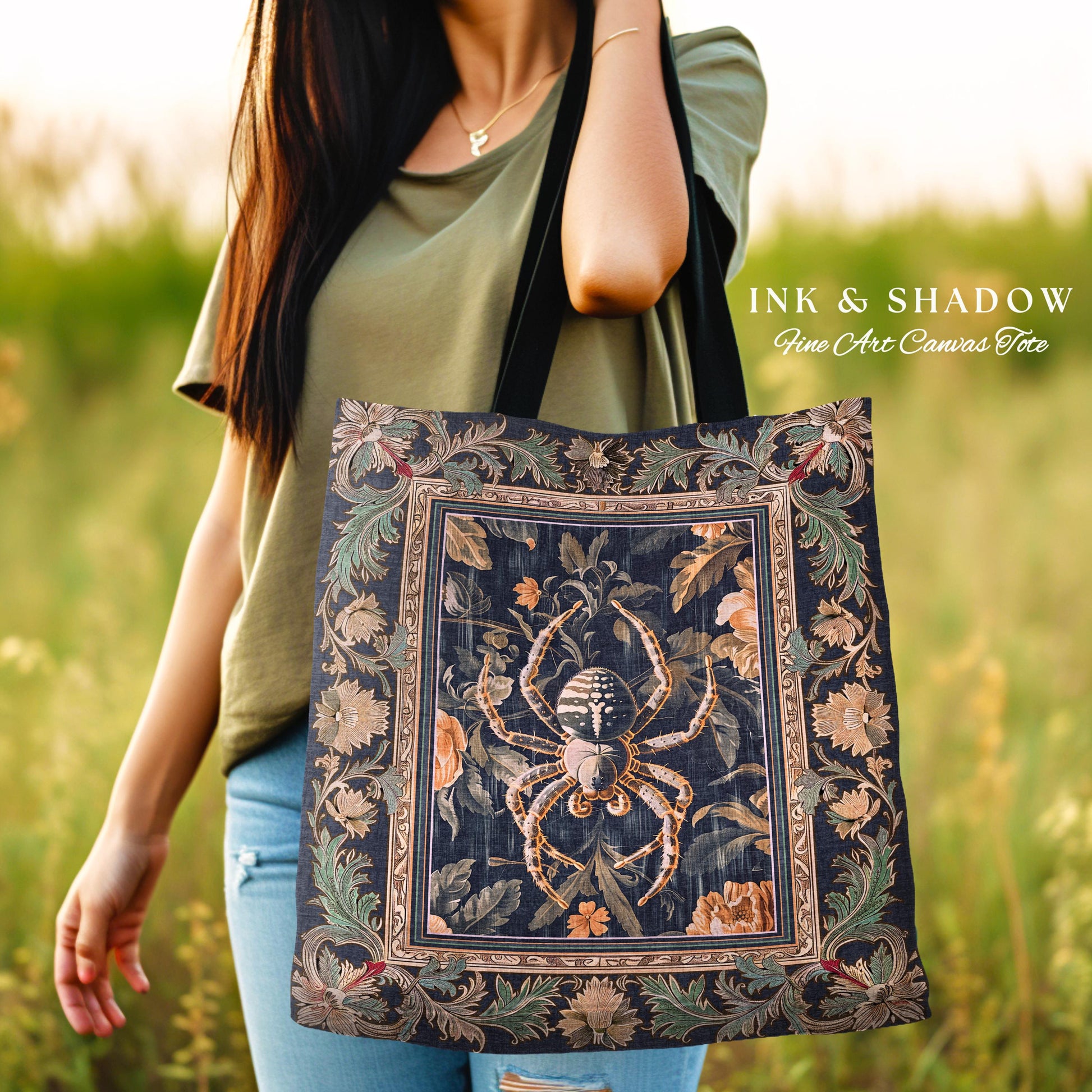 Victorian Gothic Spider Tapestry Tote Dark Academia Botanical Bag | Whimsical French Baroque Enchanted Forestcore Art Aesthetic Whimsigothic