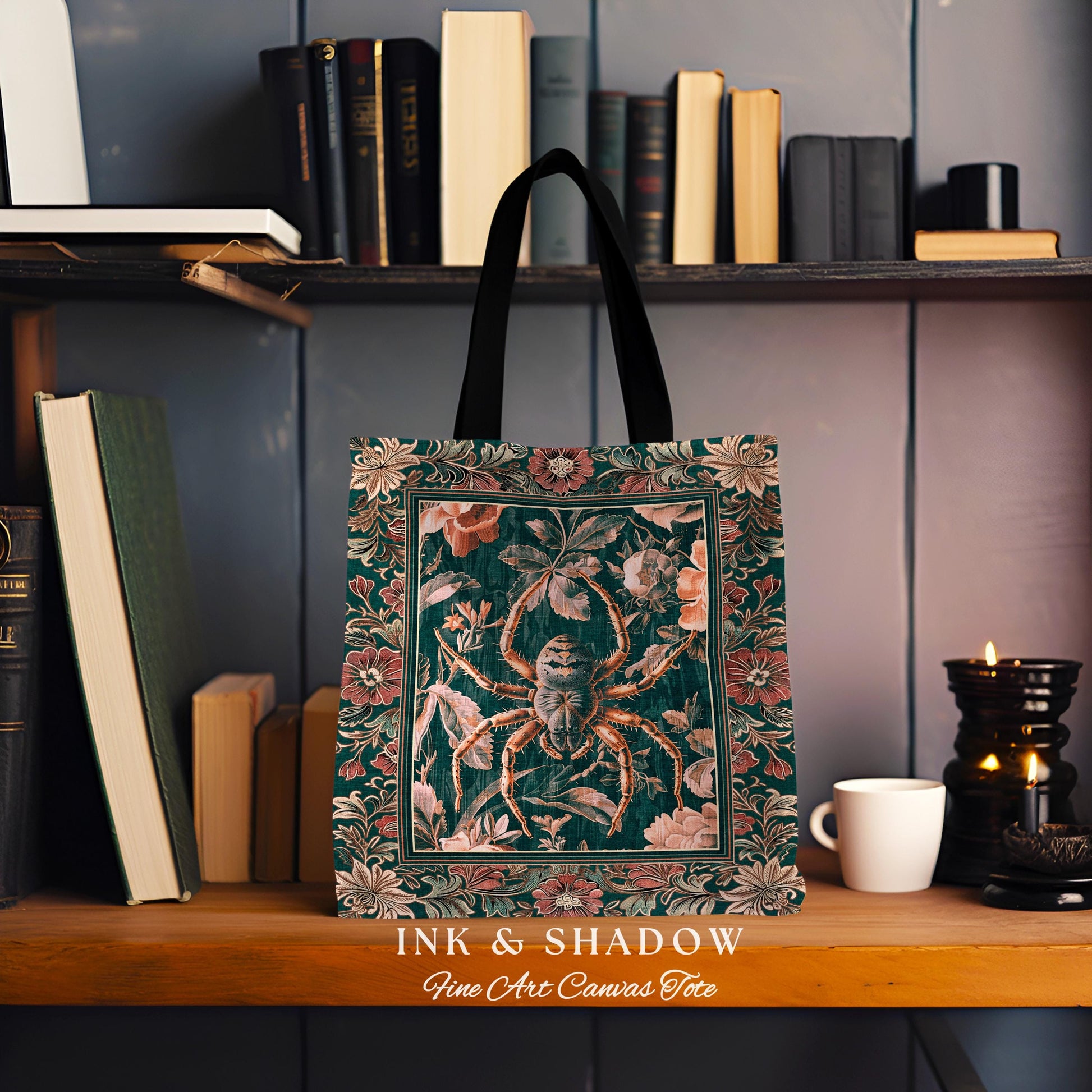 Antiqued Rose Spider Bag Enchanted Gothic Floral Forestcore Tapestry Tote | Victorian Dark Academia Arachnid Vintage Baroque Art Dark Floral