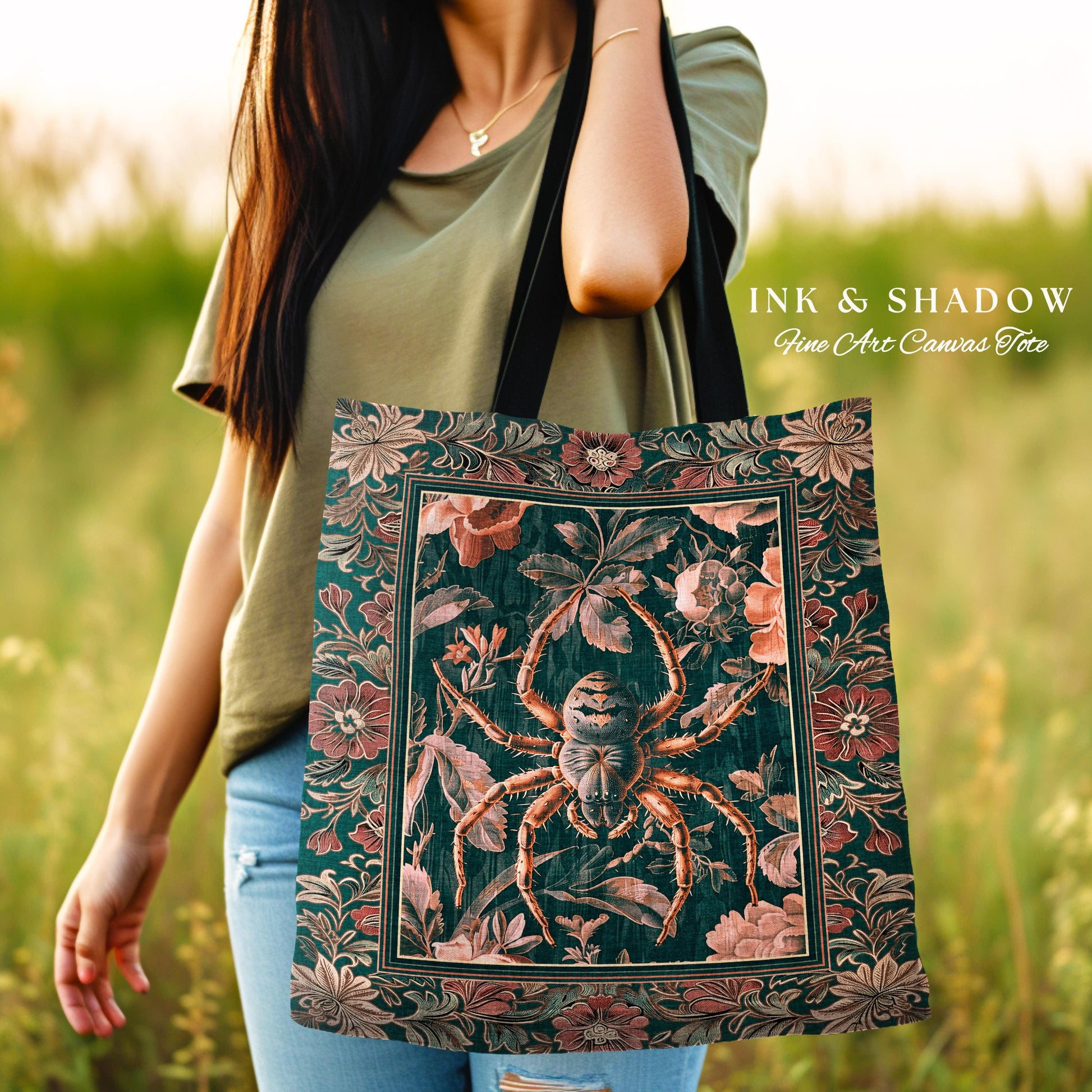 Antiqued Rose Spider Bag Enchanted Gothic Floral Forestcore Tapestry Tote | Victorian Dark Academia Arachnid Vintage Baroque Art Dark Floral