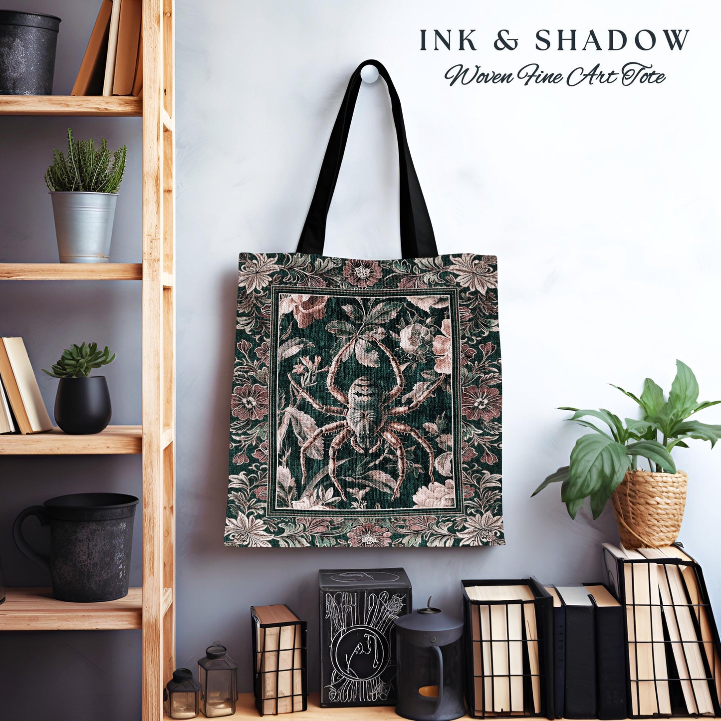 Antiqued Rose Spider Bag Enchanted Gothic Floral Forestcore Tapestry Tote | Victorian Dark Academia Arachnid Vintage Baroque Art Dark Floral