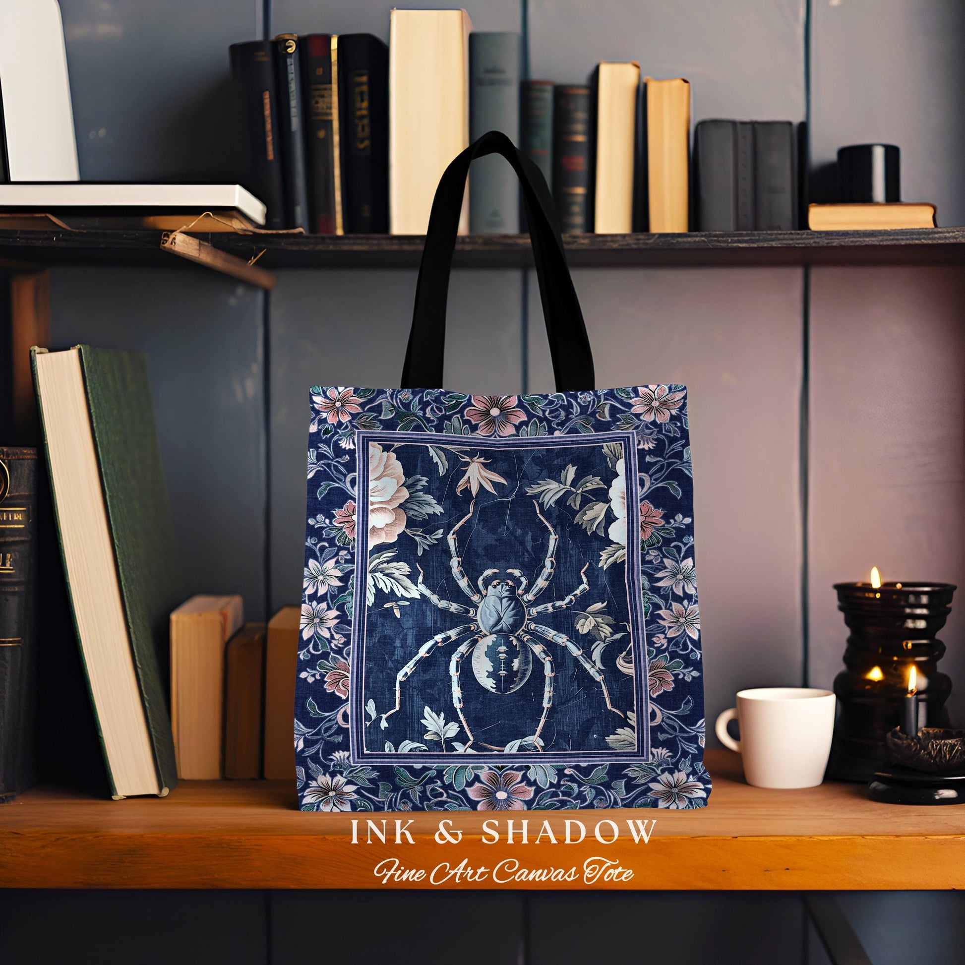 French Baroque Antique Blue Botanical Spider Tote Bag Gothic Victorian Cottagecore | Whimsical Vintage Enchanted Nature Flora Tapestry Bag |