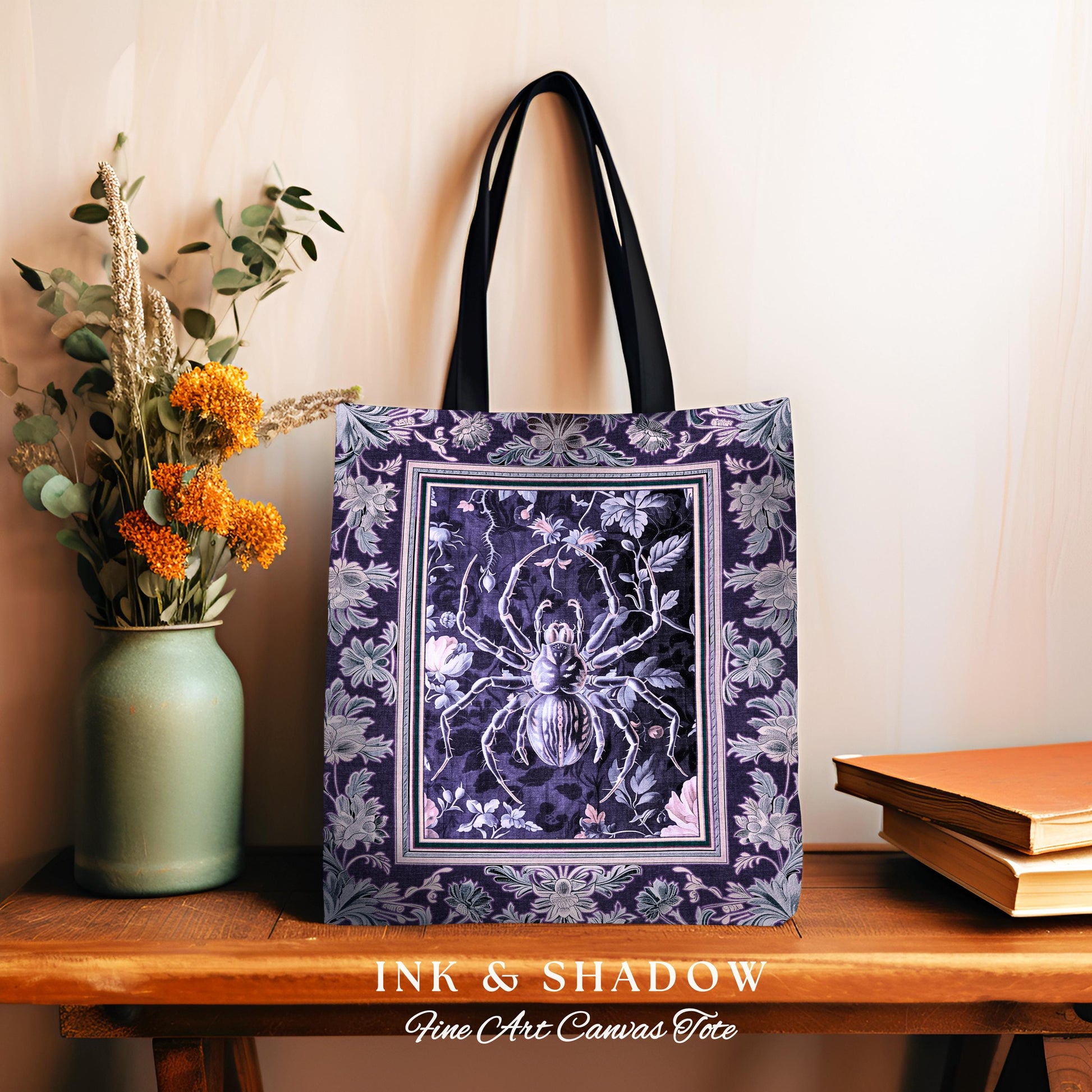 Whimsigothic Purple Spider Tote Bag | Pastel Gothic Victorian Cottagecore Home Decor Witchy Whimsical Enchanted Nature Amethyst Accessory |