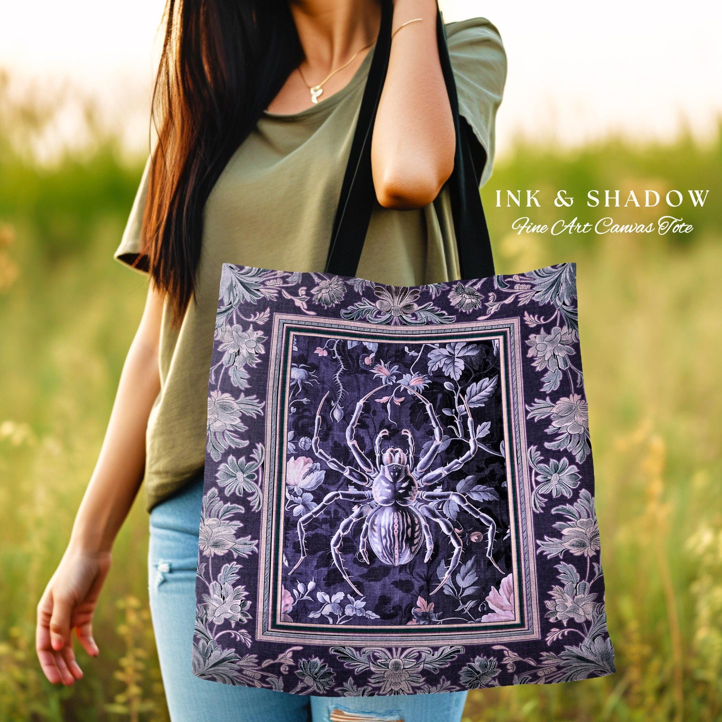 Whimsigothic Purple Spider Tote Bag | Pastel Gothic Victorian Cottagecore Home Decor Witchy Whimsical Enchanted Nature Amethyst Accessory |