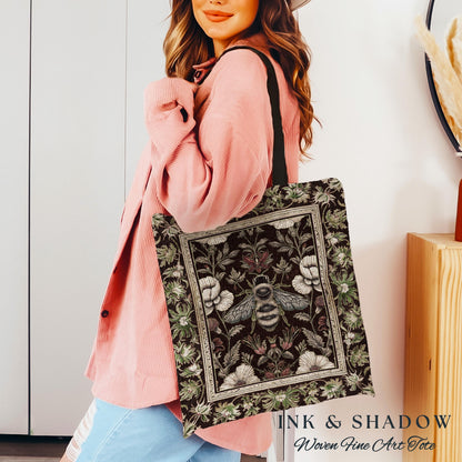 Victorian Gothic Honeybee Tote Enchanted Floral Botanical Bee Art | Romantic Baroque Dark Academia Forestcore Tapestry Insect Bag Rustic |