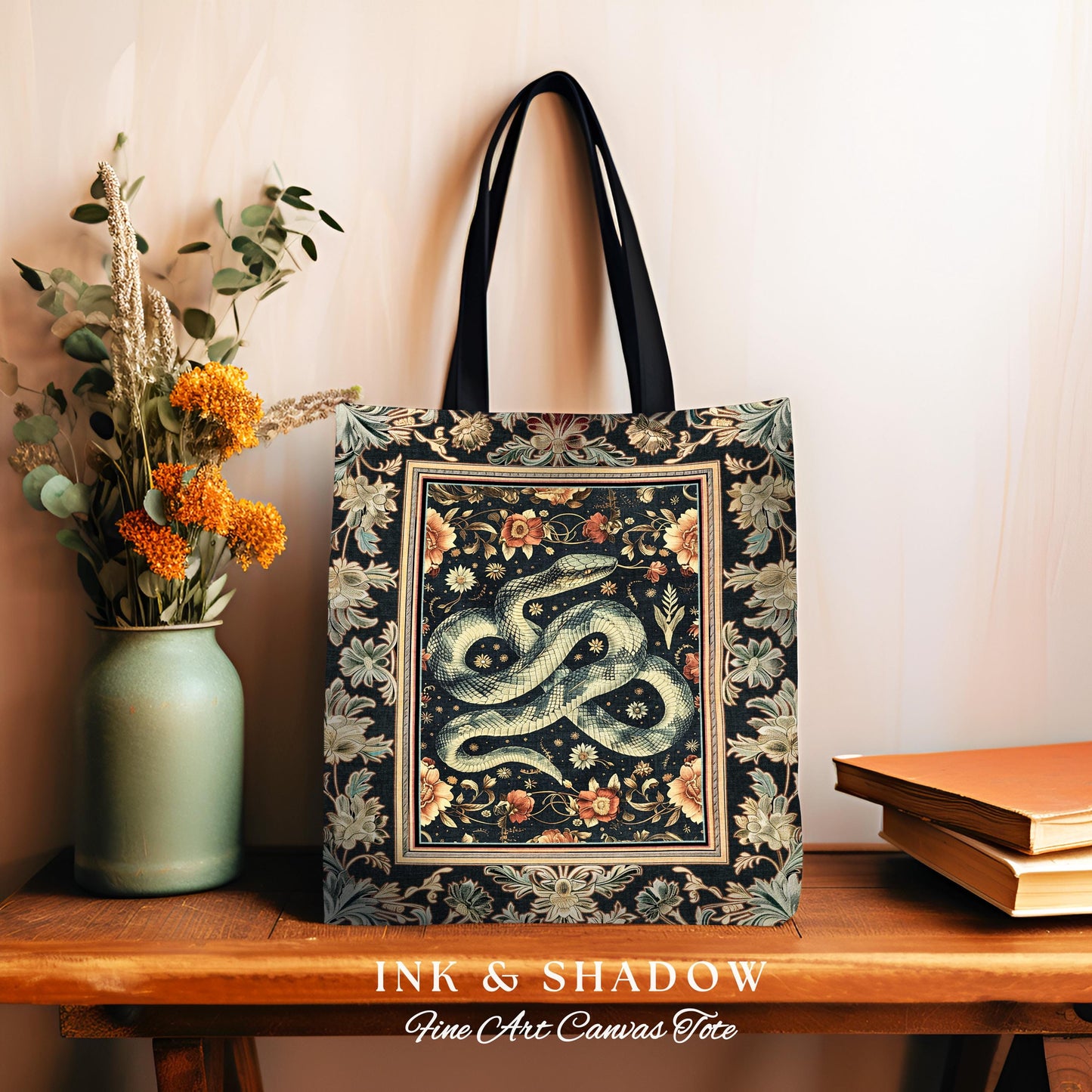 Victorian Gothic Dark Floral Snake Tapestry Tote Enchanted Forest Art Nouveau Cottagecore, Whimsigoth Whimsical Botanical Serpent Woven Bag