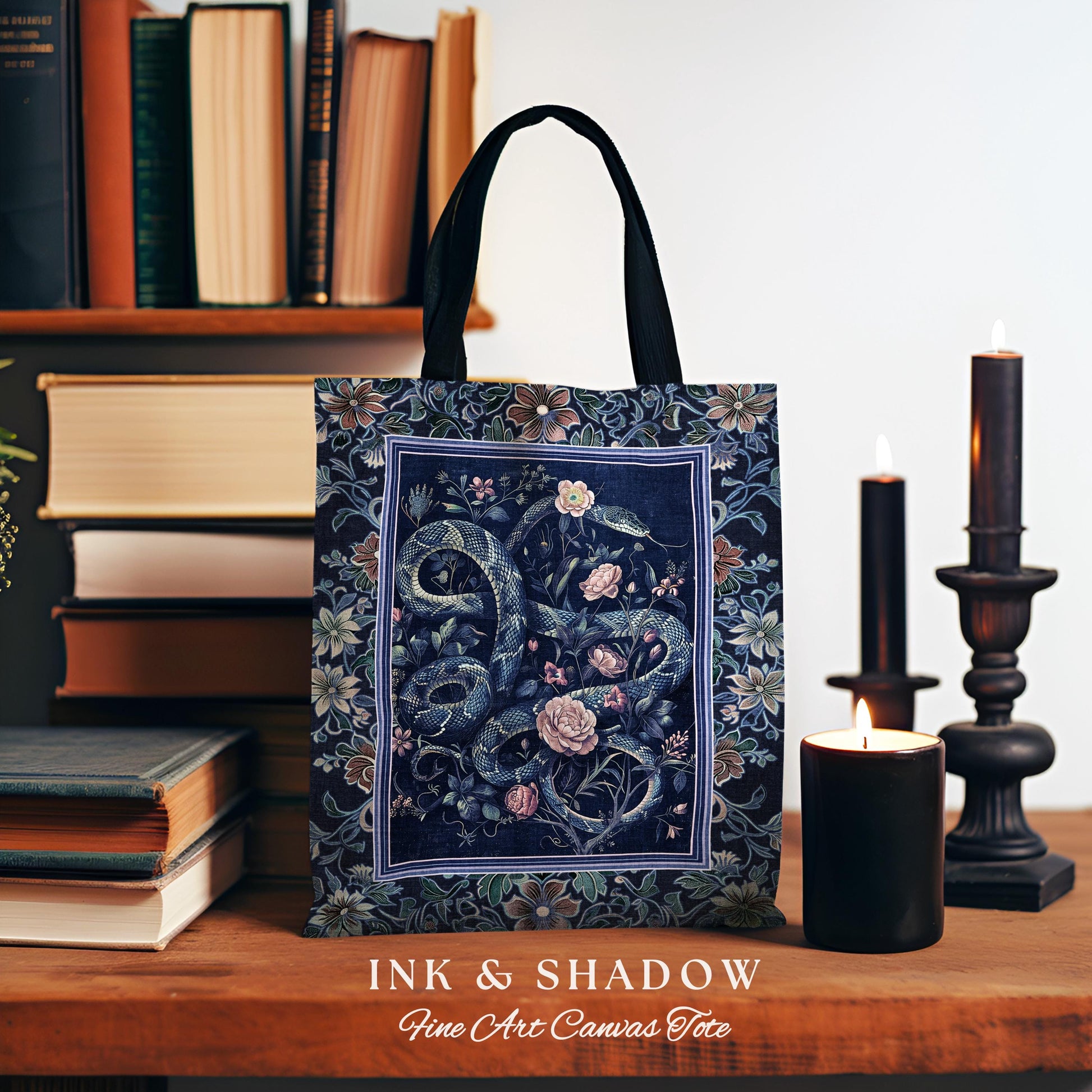 Midnight Blue Dark Floral Serpent Tote Whimsical Vintage Botanical Snake Tapestry Bag, Victorian Gothic Mystic Macabre Enchanted Forestcore