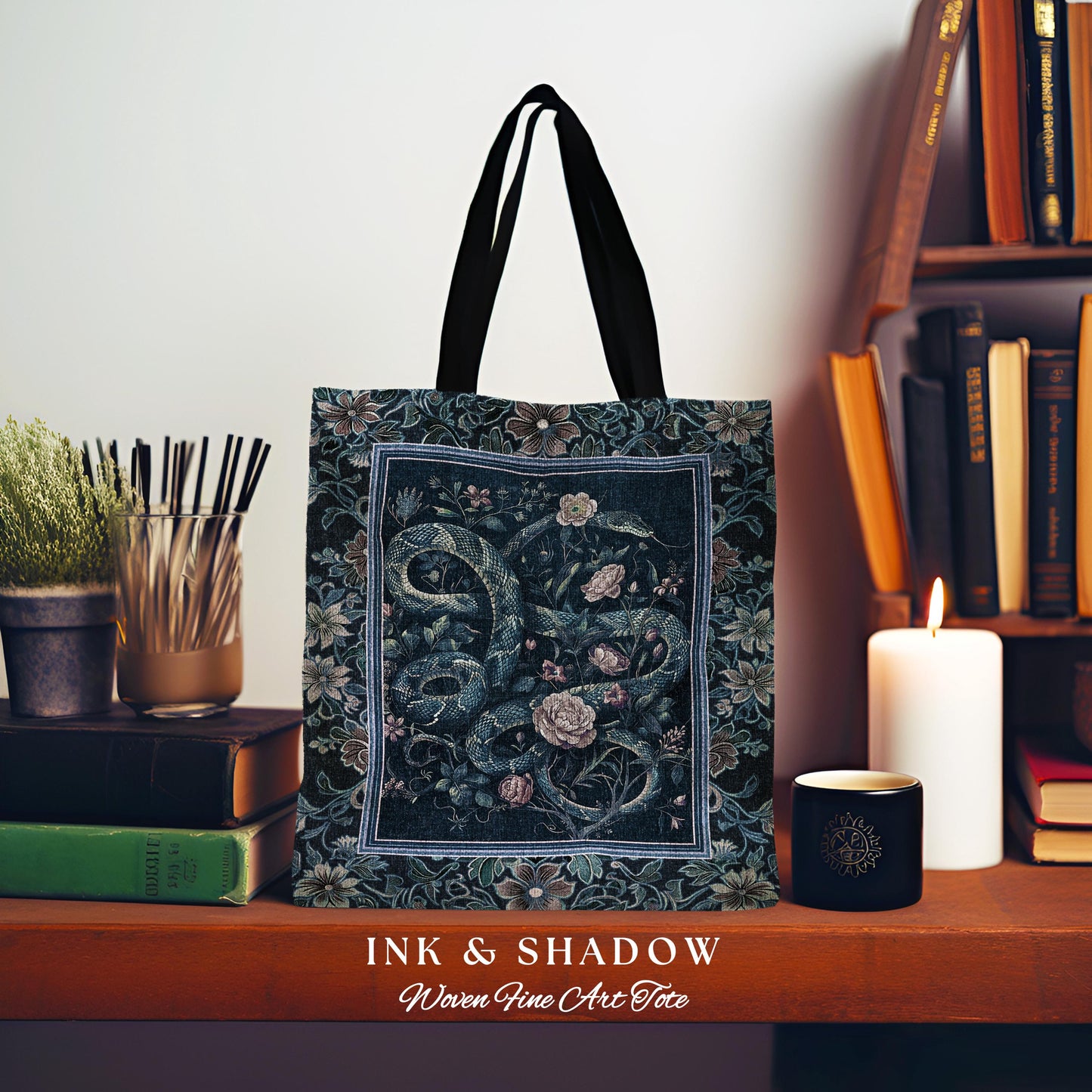 Midnight Blue Dark Floral Serpent Tote Whimsical Vintage Botanical Snake Tapestry Bag, Victorian Gothic Mystic Macabre Enchanted Forestcore