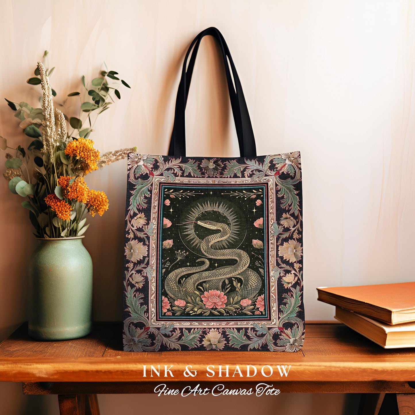 Victorian Rose Serpent Tapestry Bag Romantic Cottagecore Floral Tote, Enchanted Baroque Snake Dark Academia Gothic Pink Fairycore Goblincore