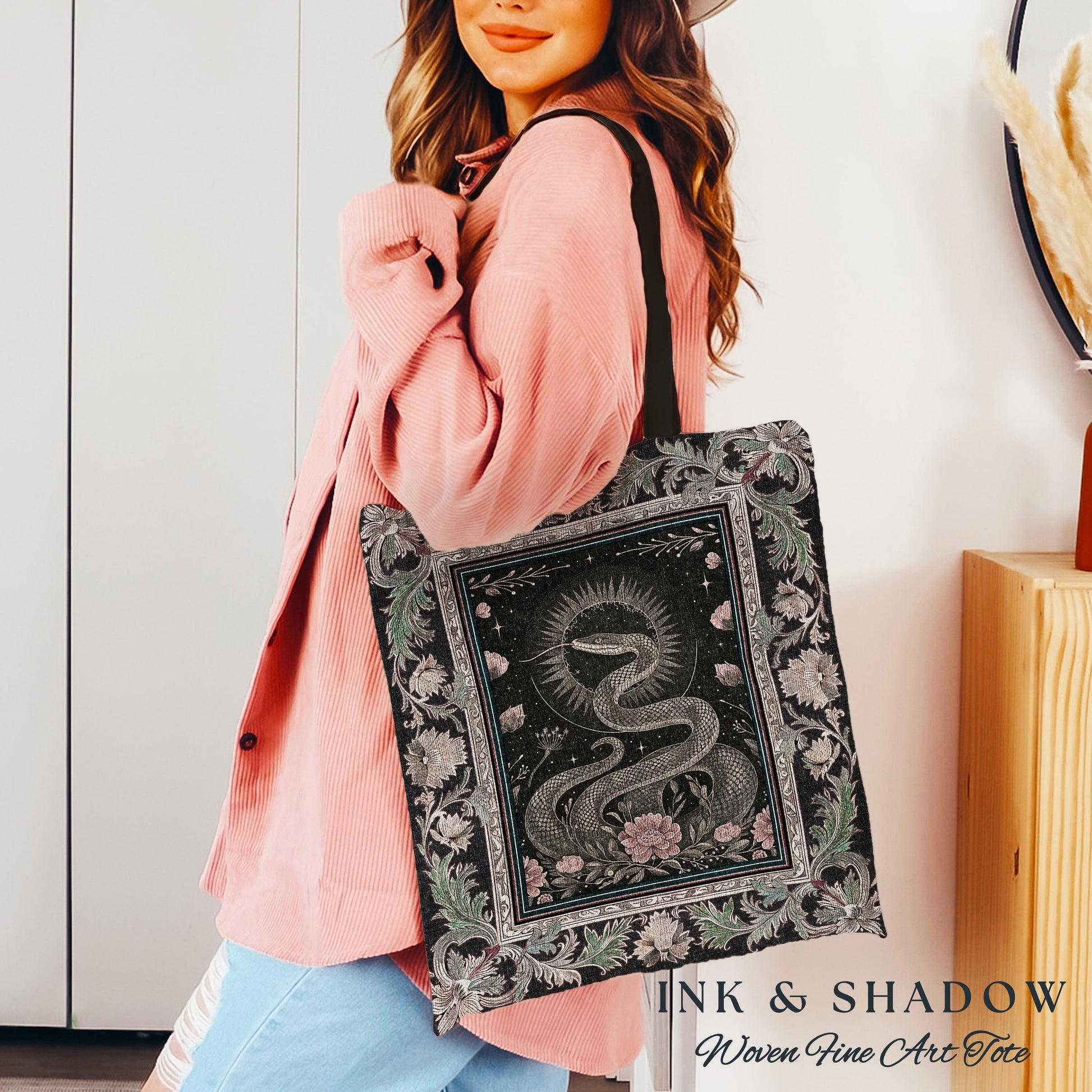 Victorian Rose Serpent Tapestry Bag Romantic Cottagecore Floral Tote, Enchanted Baroque Snake Dark Academia Gothic Pink Fairycore Goblincore