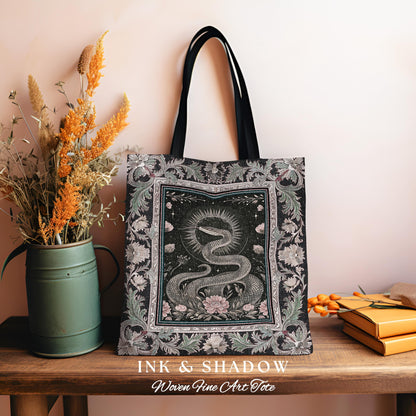 Victorian Rose Serpent Tapestry Bag Romantic Cottagecore Floral Tote, Enchanted Baroque Snake Dark Academia Gothic Pink Fairycore Goblincore