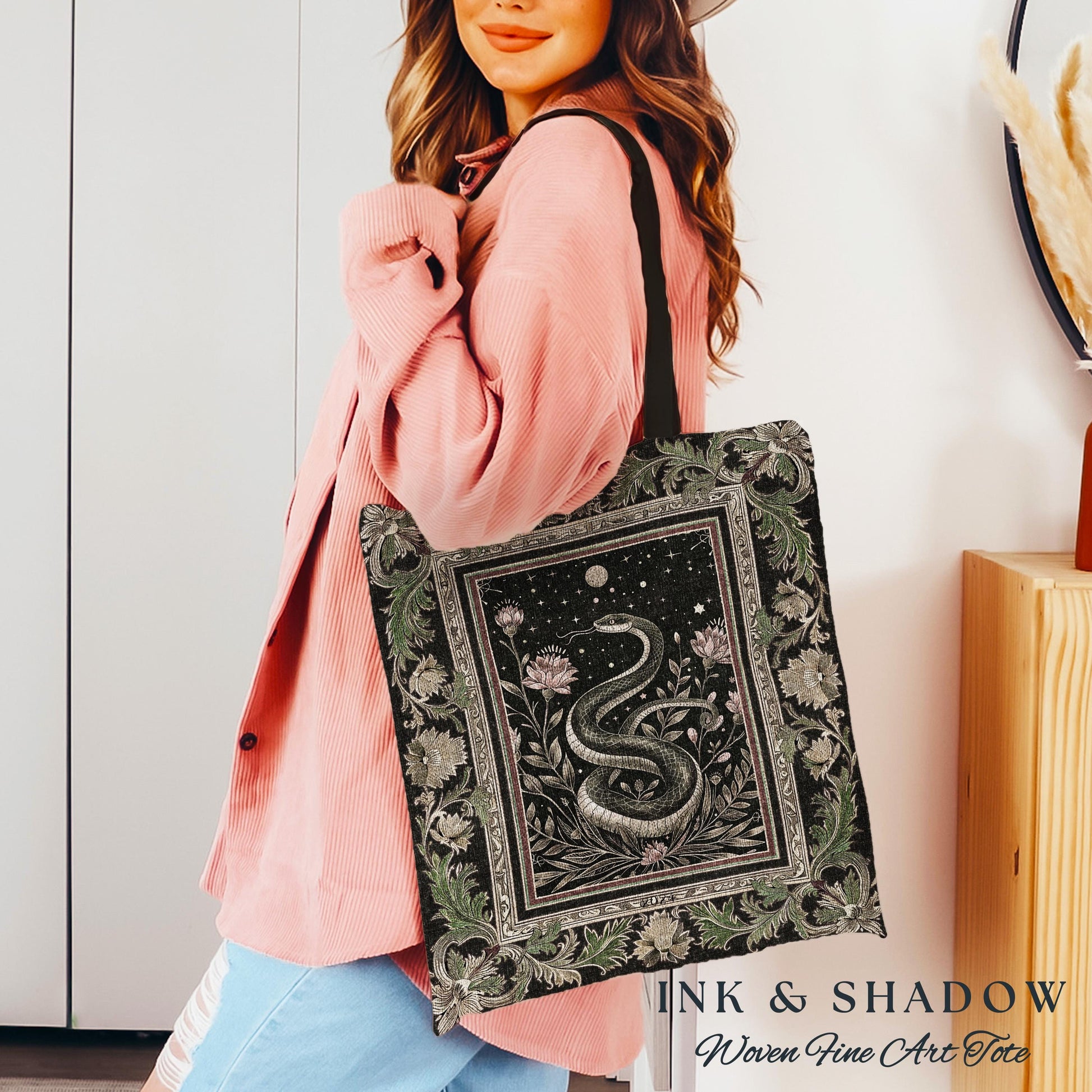 Celestial Serpent Woven Tapestry Tote Enchanted Floral Gothic Bag, Mystical Moonlit Medieval Snake Art Dark Academia Vintage Baroque Accent