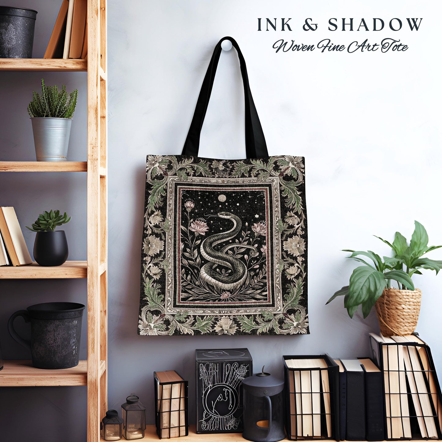 Celestial Serpent Woven Tapestry Tote Enchanted Floral Gothic Bag, Mystical Moonlit Medieval Snake Art Dark Academia Vintage Baroque Accent