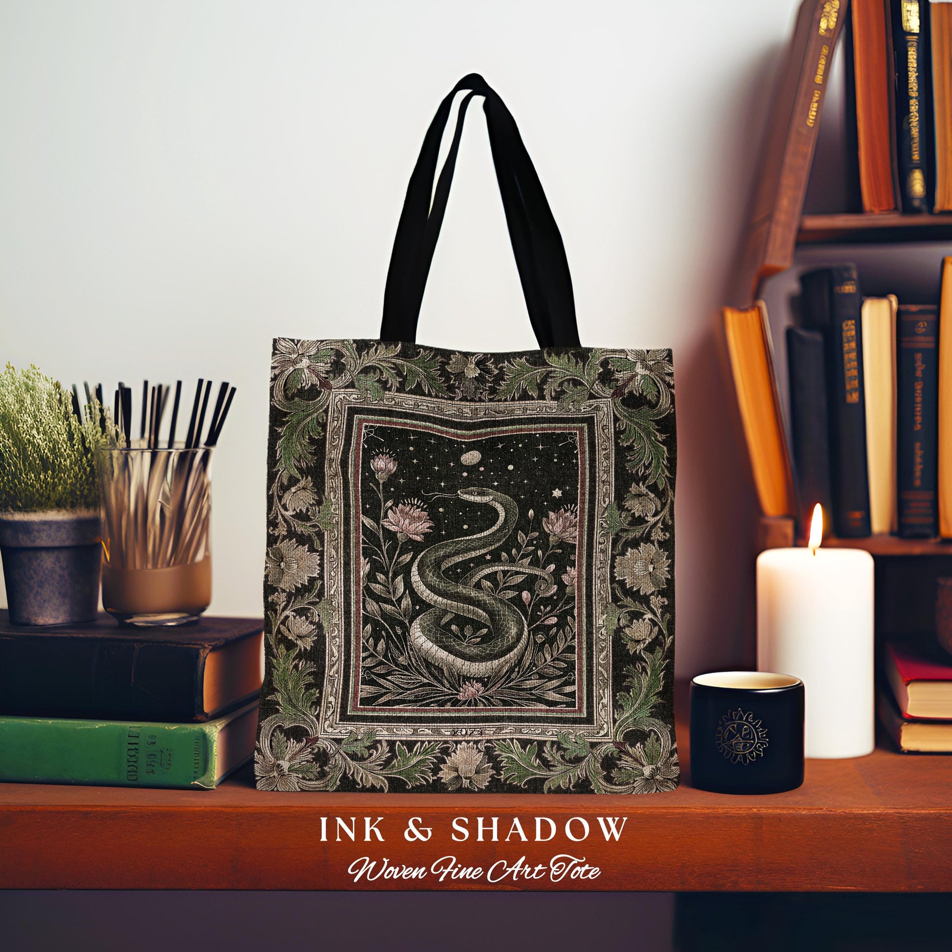 Celestial Serpent Woven Tapestry Tote Enchanted Floral Gothic Bag, Mystical Moonlit Medieval Snake Art Dark Academia Vintage Baroque Accent