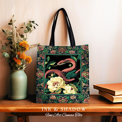 Botanical Forestcore Serpent Bag Gothic Woodland Floral Snake Tapestry Tote, Mystic Goblincore Cottagecore Enchanted Victorian Academia Art