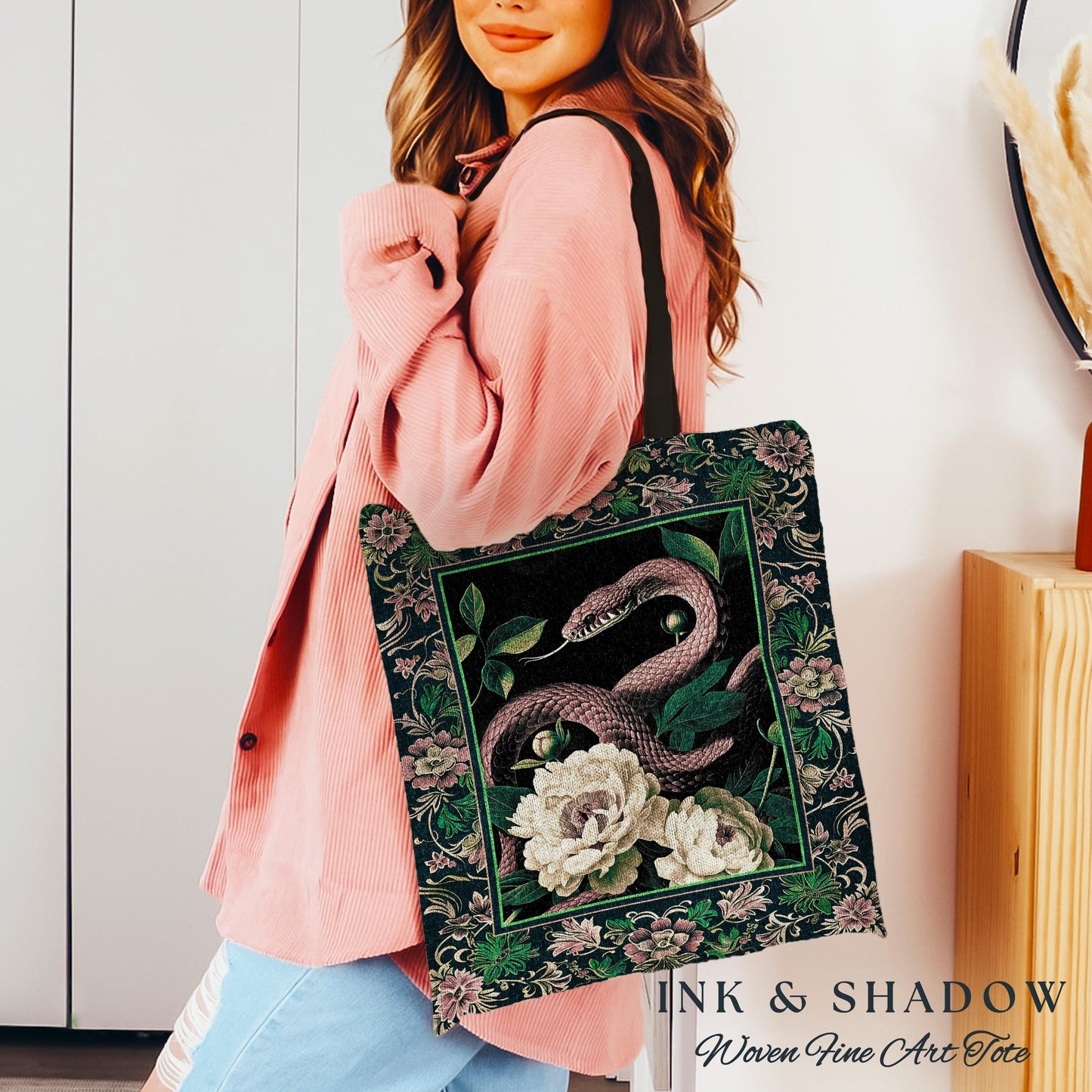 Botanical Forestcore Serpent Bag Gothic Woodland Floral Snake Tapestry Tote, Mystic Goblincore Cottagecore Enchanted Victorian Academia Art