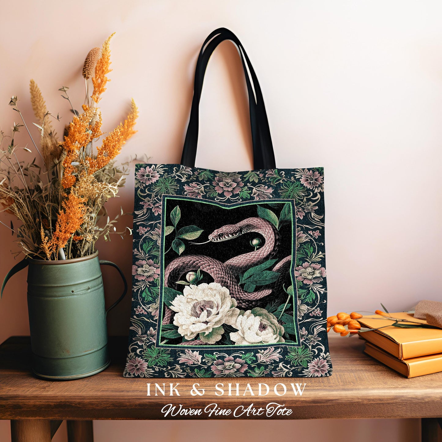 Botanical Forestcore Serpent Bag Gothic Woodland Floral Snake Tapestry Tote, Mystic Goblincore Cottagecore Enchanted Victorian Academia Art