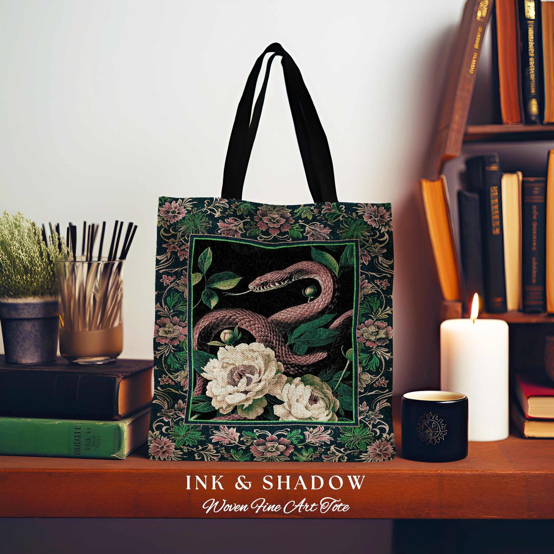 Botanical Forestcore Serpent Bag Gothic Woodland Floral Snake Tapestry Tote, Mystic Goblincore Cottagecore Enchanted Victorian Academia Art