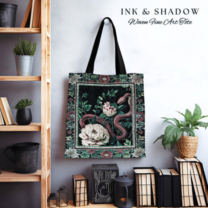 Enchanted Forest Snake Tote Dark Woodland Floral Gothic Tapestry Bag | Mystic Cottagecore Aesthetic Vintage Serpent Medieval Art Accessory