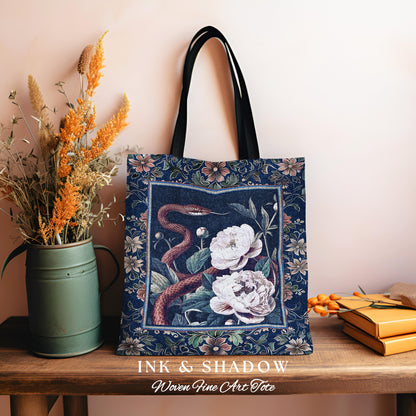 Moody Dark Botanical Serpent Enchanted Floral Tapestry Tote Exotic Gothic Bag | Ethereal Woodland Snake Victorian Art Nouveau Accessories