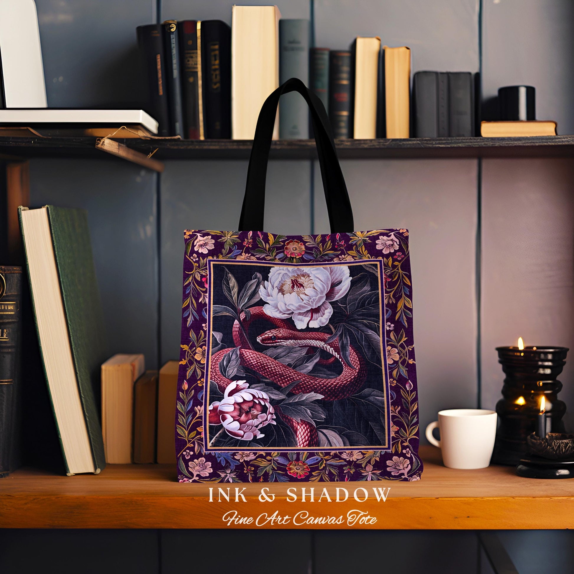 Whimsigothic Dark Floral Serpent Tapestry Tote Enchanted Forest Whimsical Purple Botanical Bag Mystical Witchy Cottagecore Vintage Snake Art