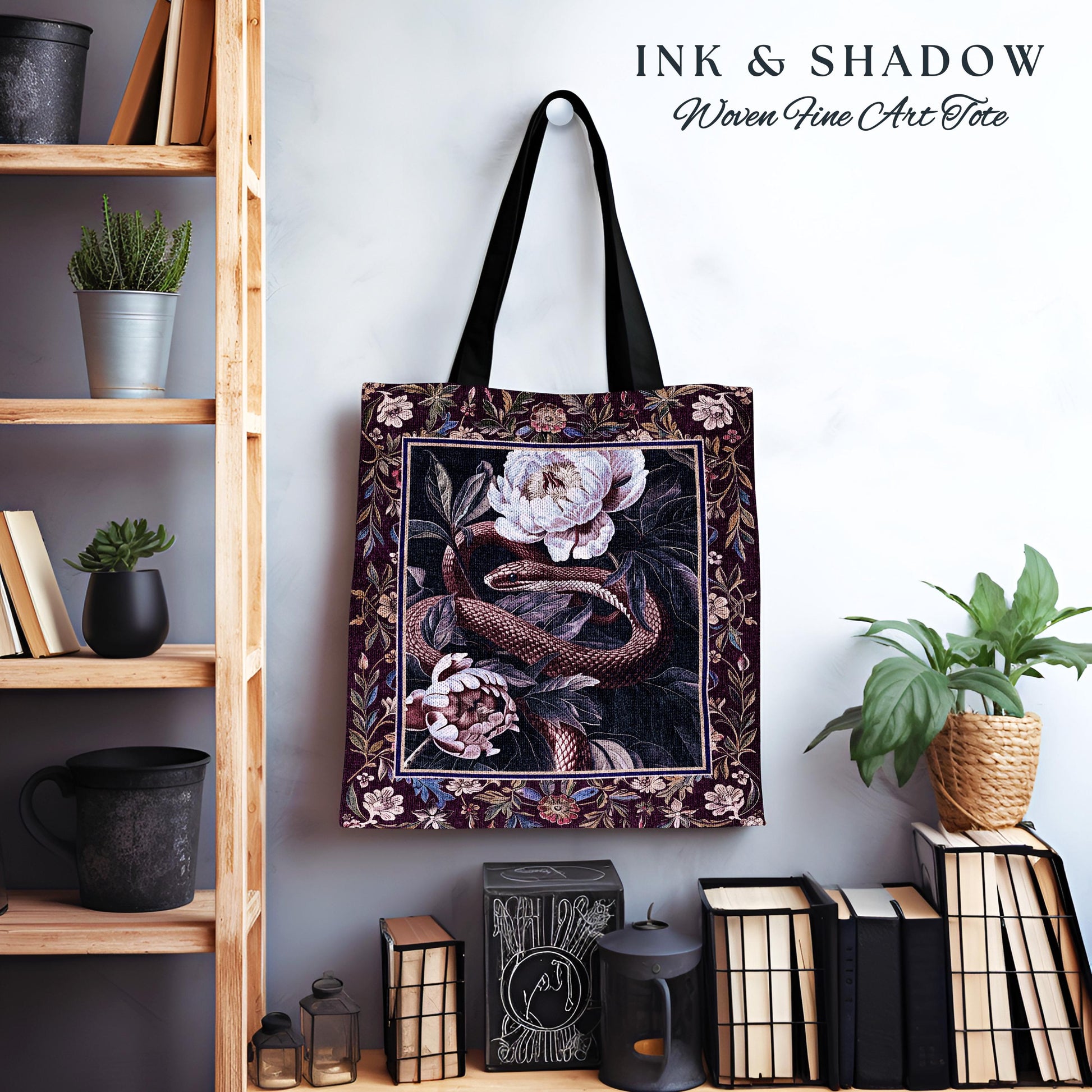 Whimsigothic Dark Floral Serpent Tapestry Tote Enchanted Forest Whimsical Purple Botanical Bag Mystical Witchy Cottagecore Vintage Snake Art