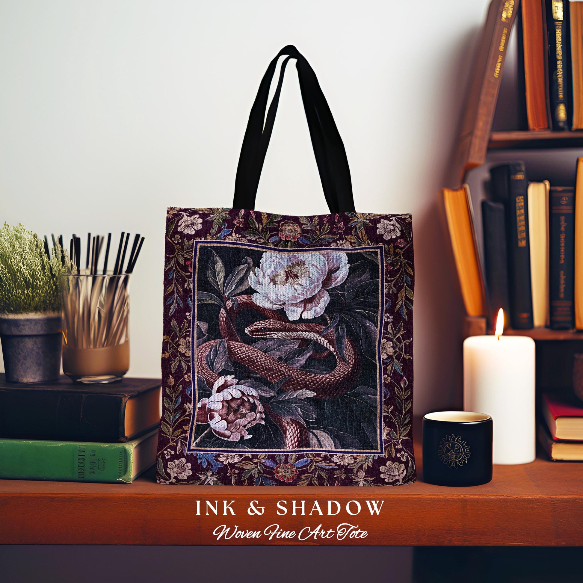 Whimsigothic Dark Floral Serpent Tapestry Tote Enchanted Forest Whimsical Purple Botanical Bag Mystical Witchy Cottagecore Vintage Snake Art