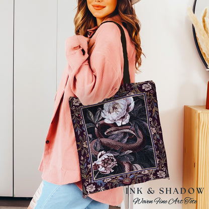 Whimsigothic Dark Floral Serpent Tapestry Tote Enchanted Forest Whimsical Purple Botanical Bag Mystical Witchy Cottagecore Vintage Snake Art