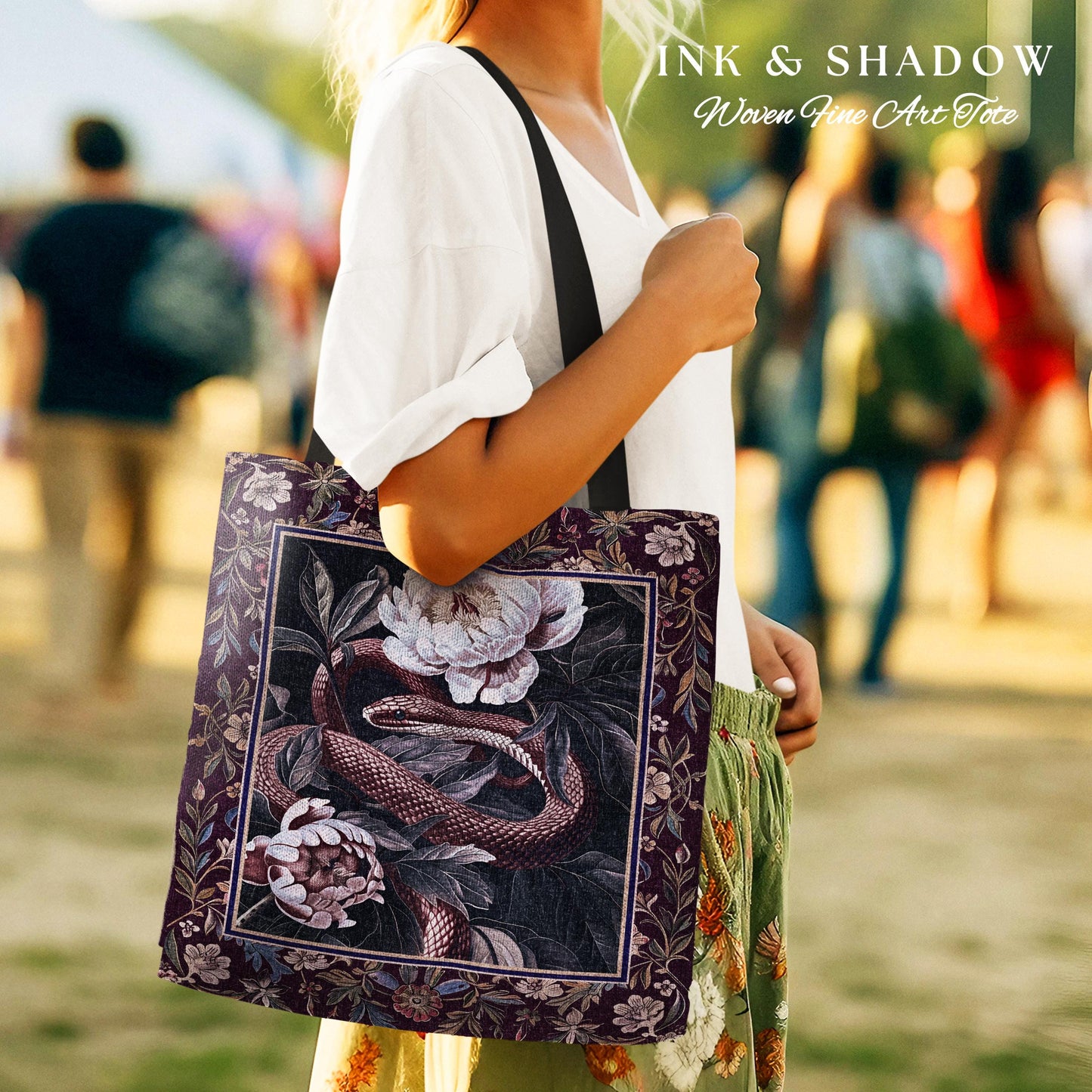 Whimsigothic Dark Floral Serpent Tapestry Tote Enchanted Forest Whimsical Purple Botanical Bag Mystical Witchy Cottagecore Vintage Snake Art