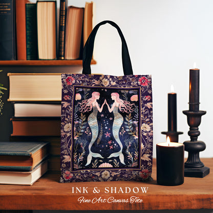 Retro Art Deco Mermaid Tote Whimsical Coastal Cottagecore Vintage Floral Enchanted Purple Underwater Fantasy Sea Shell Tapestry Bag Boho |